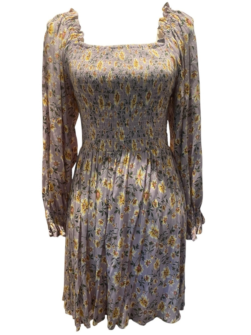 Angie Womens Purple Yellow Floral Smocked Long Sleeve Mini Dress New size 8-10